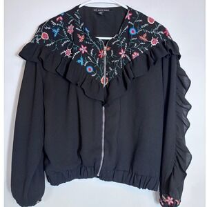 Zara TRF Black Embroidered Floral Ruffle Bomber Jacket Womens Medium Zip Up Boho